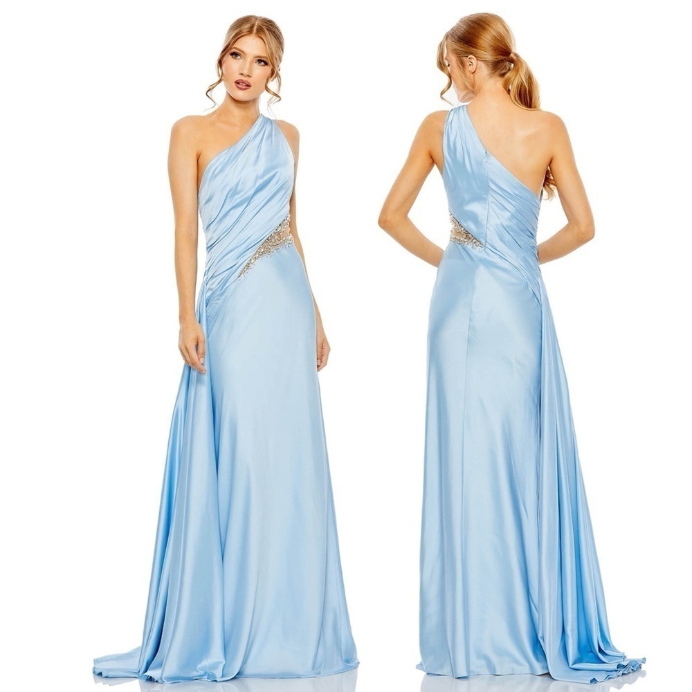NEW MAC DUGGAL ONE SHOULDER EMBELLISHED SATIN GOWN IN POWDER BLUE  SIZE 4